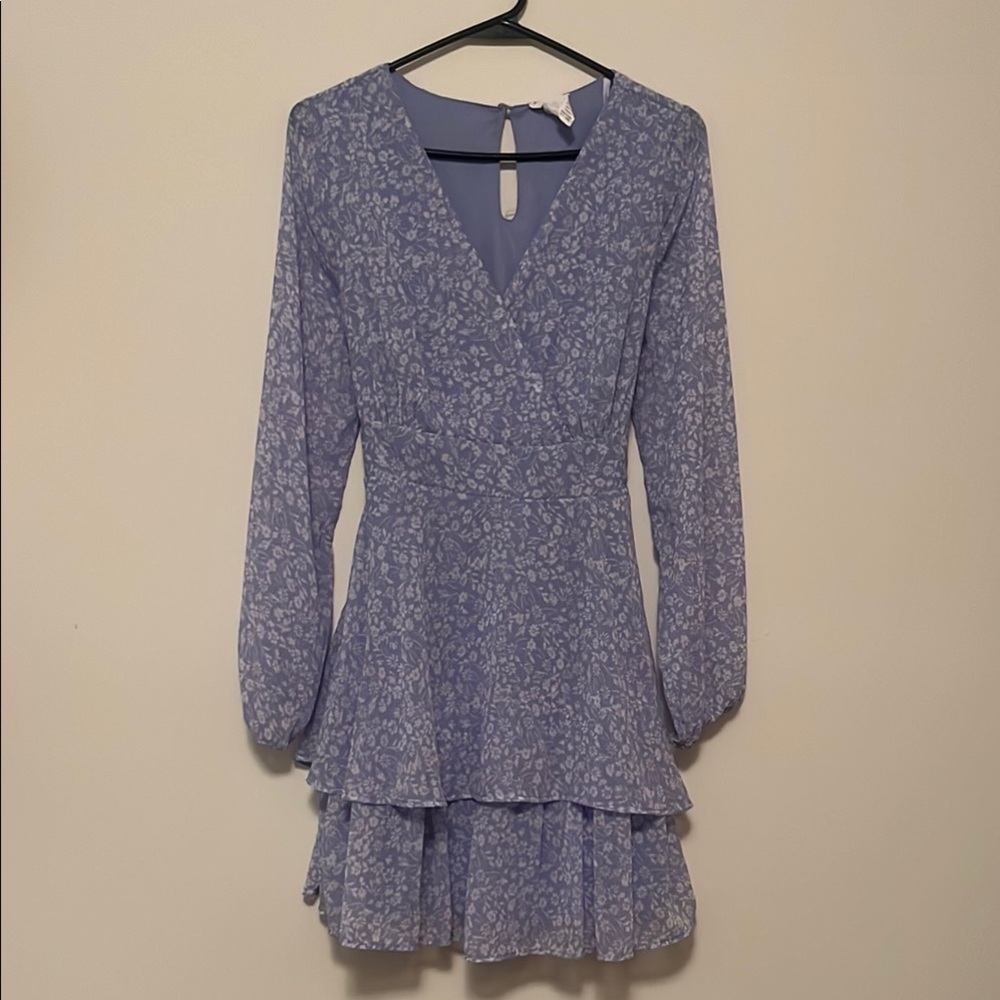 Japna Blue and White Tiered Wrap Dress with Bishop Sleeves